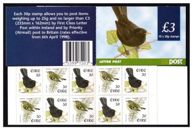 1999 Ireland Blackbird (Phosphor) Definitive Stamp Booklet Mint Never Hinged. Hibernian HB67p.