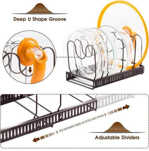 Pan Organiser Rack, Pot Lid Organizers with 7 Dividers, Expandable Pots and Pans Holder, Bakeware Rack, Kitchen Cupboard Organiser for Pantry Cabinet, Black