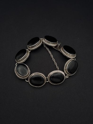 Vintage Signed Mexico Sterling Silver Onyx Chunky Bracelet