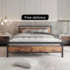 King Size Bed Frame with Wooden Headboard