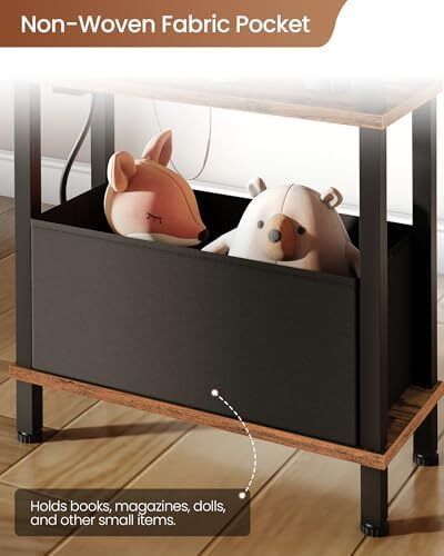 Slim Side Table with Charging Station, 3-Tier Narrow Side Table with Drawer, Skinny Bedside Table, End Table for Small Spaces, for Bedroom