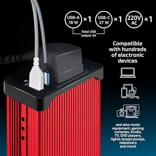300W Car Power Inverter 12V to 240V / 230V Converter, USB-A and USB-C 3A Charging Ports - Charge Your Laptop, iPad, iPhone, Tablet, Consoles & More - Durable and Powerful - Red Aluminum Body