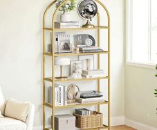 5 Tier Bookcase Tempered Glass Gold Shelves
