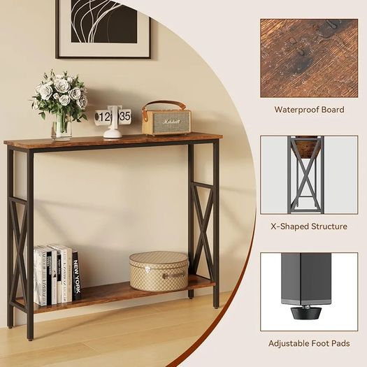 Console Table, Industrial Entryway Table for Hallway, Narrow Sofa Table with Shelves, Metal Frame, Compact Display Table for Small Spaces, Living Room, 101/25/80.5CM Rustic Brown