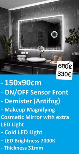 LED Bathroom Mirrors Selection Clock Speakers Bluetooth Demister Antifog Wi-Fi Weather Station Makeup