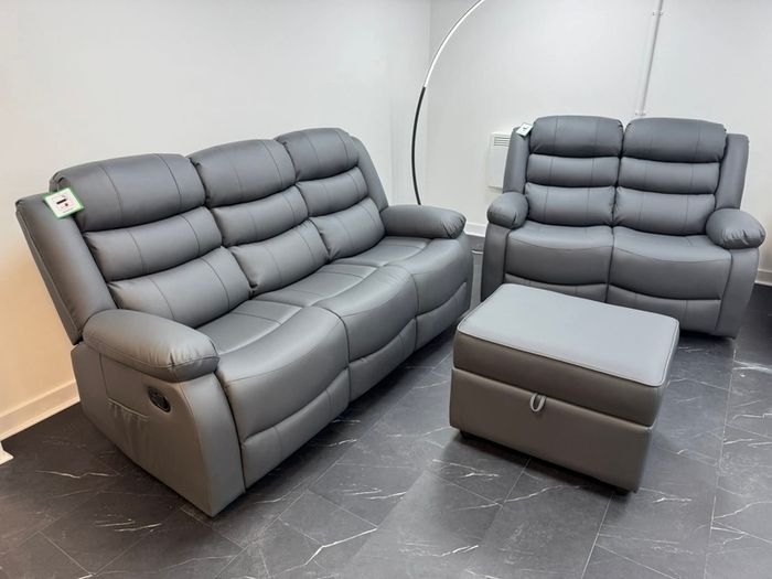 Roma Dark Grey Leather Recliner Sofa Set + Footstool