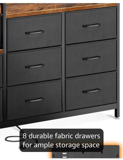 Chest of Drawers Bedroom, 8 Fabric Drawers, Retro Color, 30x132x88cm Contains 2 USB & 2 AC Ports Sockets, Storage Dresser with 8 Fabric Drawers Suitable for Bedrooms, Living Rooms