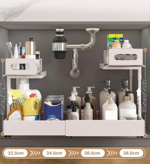 Under Sink Metal Shelf 2 Tier Height Adjustable Kitchen Organizer  White