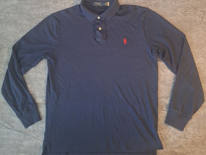 Polo Ralph Lauren Men's M Custom Slim Long Sleeve Polo Shirt Navy Blue Red Pony