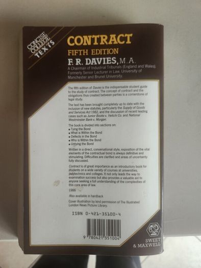 Contract.  Fifth Edition. By F.r. Davies. Concise College Text. 1986 Paperback In Good Condition. See Photos For Same.