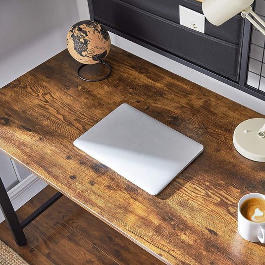 Computer table, desk, with grid and storage compartments made of fabric, steel frame, 118 cm long, industrial design, vintage brown-black
