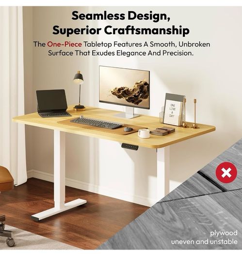 Electric Standing Desk 110x54 One Piece Height Adjustable Desk With Memory Smart Panel Sit Stand Table With Hooks for Home Office, Maple