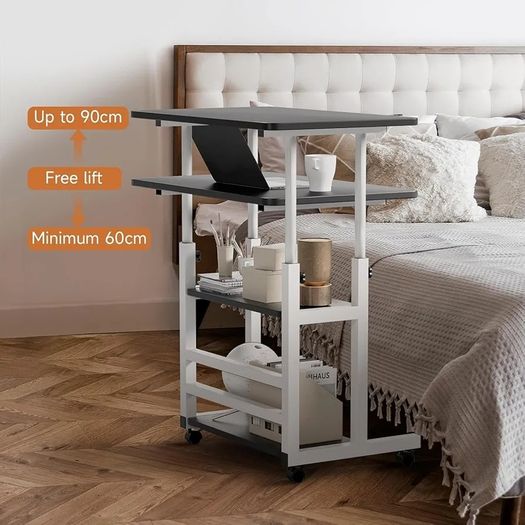 Adjustable Height Computer Desk with Wheels, C Shaped Laptop Table with 2 Shelves, Overbed Table for Bedroom, Sofa, Home Office, Living Room 60x37x60-90cm, Black