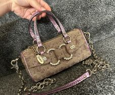 vintage Guess Y2K small monogram bag in a brown and pink glitter colorway.