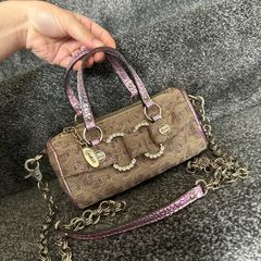 vintage Guess Y2K small monogram bag in a brown and pink glitter colorway.