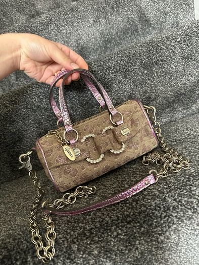vintage Guess Y2K small monogram bag in a brown and pink glitter colorway.