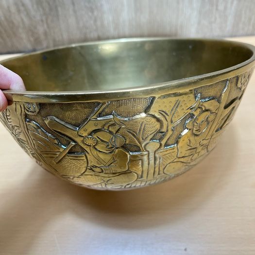 Vintage Chinese Brass Engraved Dish Bowl 24cm China c1930s Old Patina