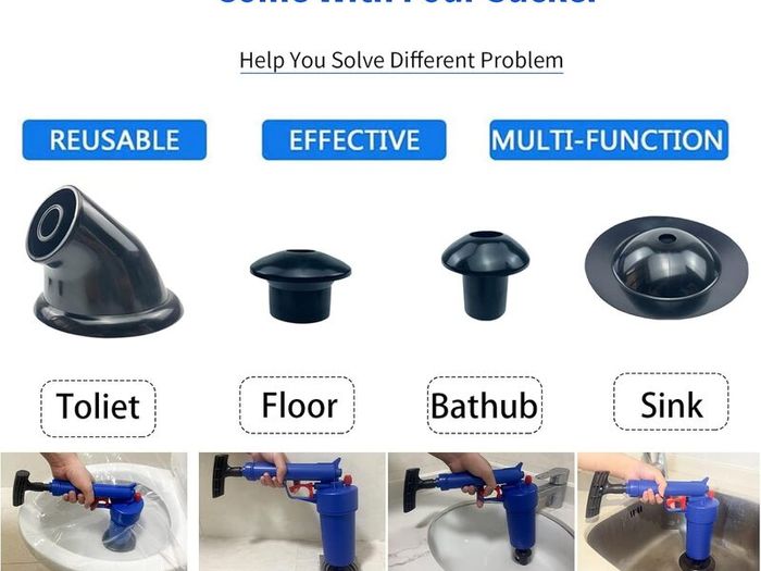 Air Pump Drain Unblocker Heavy Duty,High Pressure Toilet Plunger Sewer Dredge Cleaning Tool, Sink Unblocker with 4 Suckers for Kitchen Bathtub Shower
