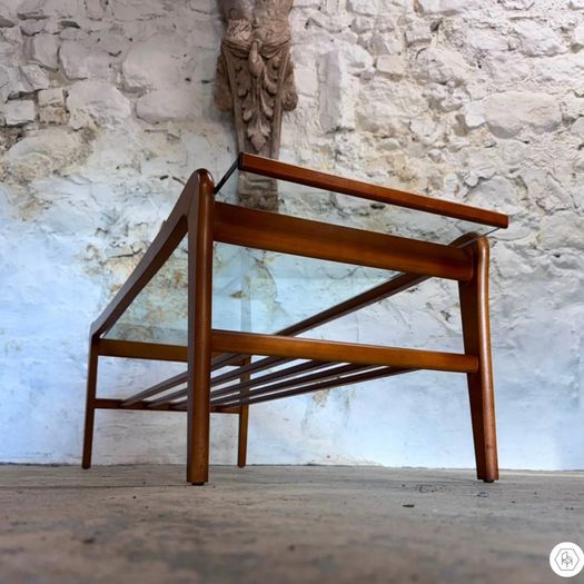 Solid Teak & Glazed Glass Coffee Table With Magazine Rack