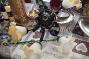 Vintage Style Chandelier with 5 Corolla Shaped shades in frosted Glass Set against a Central Foliage Structure made of black metal