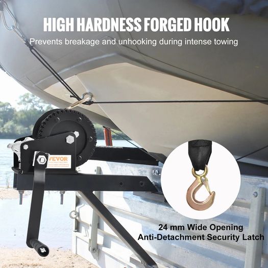 Hand Winch, 544.3 kg Pulling Capacity, Boat Trailer Winch Heavy Duty Rope Crank with 701 cm Polyester Strap and Two-Way Ratchet, Manual Operated Hand Crank Winch for Trailer, Boat or ATV Towing