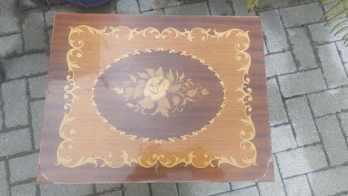 Vintage Mid Century Side Table with a Handmade Marquetry Panel Top Featuring a Floral Motif, Unknown Maker, Presume Italian-Made, Condition Issues, Needs Restoring