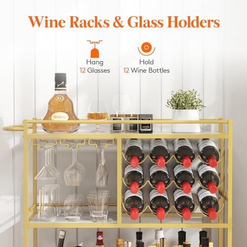 Drink Trolley, Bar Cart with Lockable Wheels, 12 Wine Rack and 3 Rows Glass Holders Gold