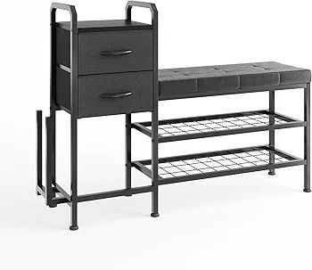 Shoe Bench with Cushion, Storage Bench with Padded Seat, 2 Drawer and Open Compartments, for Entryway, Hallway, Living Room, Black