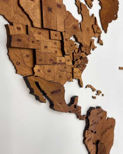 3D Classic Wooden World Map with Country Borders Country Names Capital Names US and Canada Borders and Names 3D Map Effect