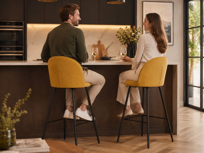 Set of 2 Mustard Upholstered Bar Stools with Backrests and Black Steel Legs