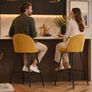 Set of 2 Mustard Upholstered Bar Stools with Backrests and Black Steel Legs Image 2