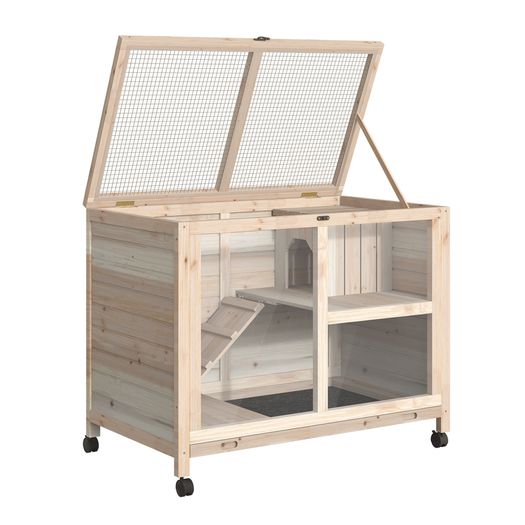 Wooden Rabbit Hutch Guinea Pigs House Bunny Small Animal Cage w/ Pull-out Tray Openable Roof Wheels, Natural