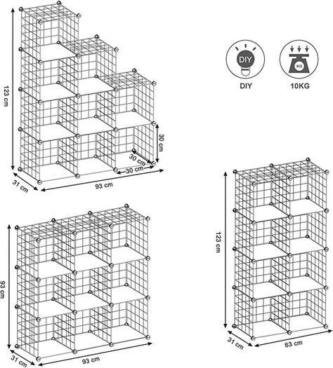 9-Cube Metal Wire Storage Rack, Interlocking Shelving Unit with Metal Wire Shelves, PP Plastic Sheets for Book Shoes Toys Clothes Tools, in Living Room, 93 x 31 x 93 cm MULTIPLE COLOURS AVAILABLE (FREE SHIPPING)