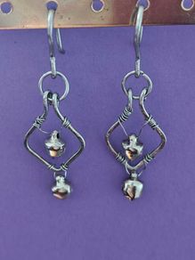 Stainless Steel Earrings with Bells, Handmade Wire Art, Geometric Dangles
