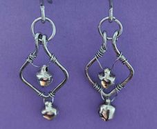 Stainless Steel Earrings with Bells, Handmade Wire Art, Geometric Dangles