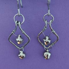 Stainless Steel Earrings with Bells, Handmade Wire Art, Geometric Dangles