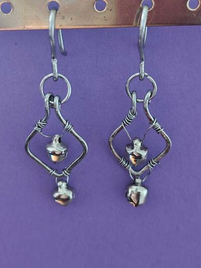 Stainless Steel Earrings with Bells, Handmade Wire Art, Geometric Dangles