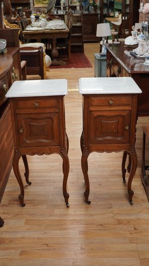 Pair of Antique Oak Marble Top Bedside Cabinets