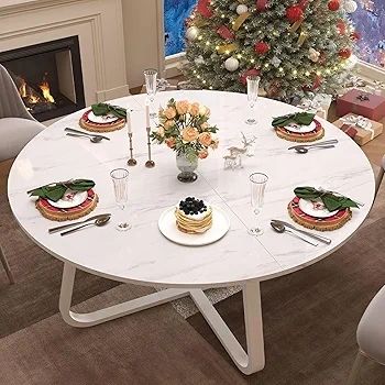 White Faux Marble Round Dining Circle Dining Desk Kitchen Shelf 4-6 People, Mid-Century Pedestal Dinner Table End Coffee Desk Office Living Room Table, White Marble, 51 Inch