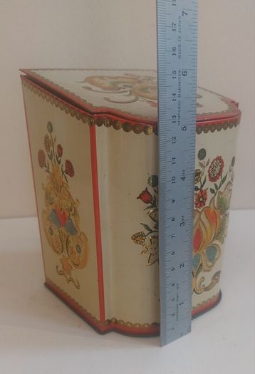 Funky Retro Mid-Century 1950's Tin Tea Caddy, with a Stylish Embossed Floral Design an Unusual Shape, with a Cushion Lid, by Baret Ware in the Monetery Design
