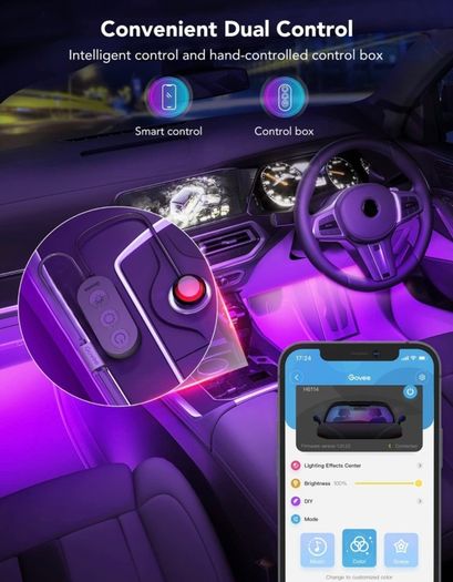 Car LED Strip Light, Interior Car Lights 2-Line Design Waterproof 4pcs APP Control Lighting Kit, Under Dash RGB Car Lighting with Car Charger (FREE POSTAGE)