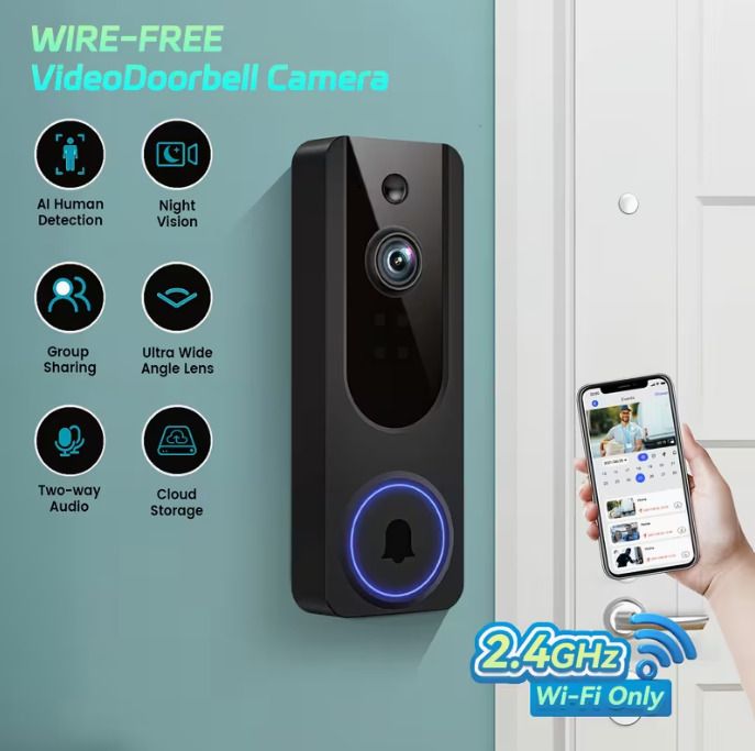 Smart Video Doorbell Dual Camera, 1296P Wireless Indoor/Outdoor Surveillance Cam, Live View, Included Doorbell Receiver, AI Human Detection, 2-Way Audio, Night Vision, 2.4G Wifi, Cloud Storage