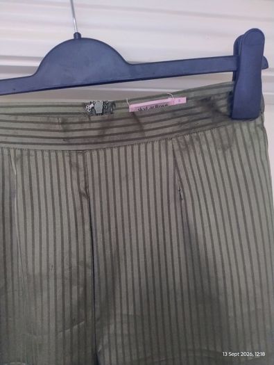 Skylar Rose Olive Green Satin Striped Wide-Leg Trousers ]
