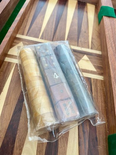 Vintage Marquetry Inlaid Folding Wooden Chess Board Chess Pieces Dice and Counters