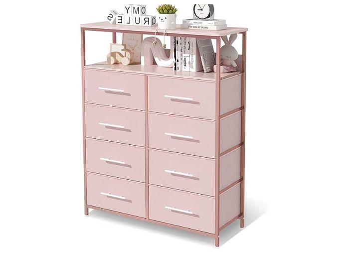 Dresser for Bedroom with 8 Fabric Drawers, Tall Storage Organizer Unit with 2 Layers Shelf, TV Stand with Sturdy Metal Frame (Pink)