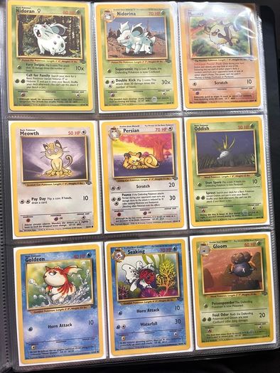 Lot of 21 original vintage Wizards of the Coast (WOTC) English Pokemon TCG cards from the 1999 Jungle and Base Set expansions.
