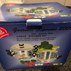 Brand New / Unused Gourmet Supreme 3-Piece Stainless Steel Steamer Set (In Factory Plastics)
