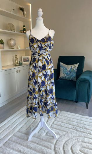 Whistles Ladies Dress in Navy, Yellow, and White with Thin Straps Size: UK 10 / EU 38