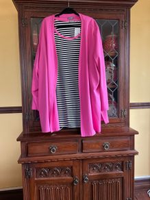 NEW  FURTHER REDUCED from SAMOON a pink casual cardigan with side slits and a matching black and white top with pink trim . Length of both items is 33 inches