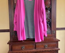 NEW  FURTHER REDUCED from SAMOON a pink casual cardigan with side slits and a matching black and white top with pink trim . Length of both items is 33 inches